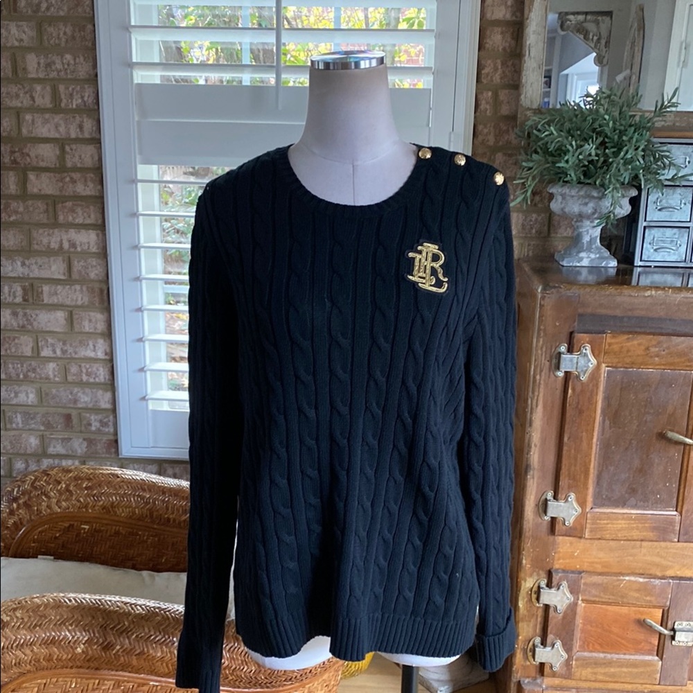LAUREN RALPH LAUREN BLACK LABEL LUXURY BLACK COTTON CABLE KNIT SWEATER CREST XL